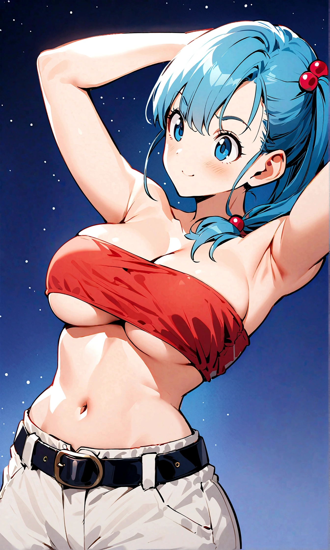  score_9, score_8_up, score_7_up, BREAK from front, ,macro shot,1girl,bulma, blue eyes, blue hair,bare shoulders, belt, cleavage, hair bobbles, hair ornament, hair over shoulder, ,large breasts,midriff, navel, one side up, red tube top, shorts, side ponytail, (strapless, tube top,under_boob:1.2),(arms up,arms uo behind,contrapost,standing),
