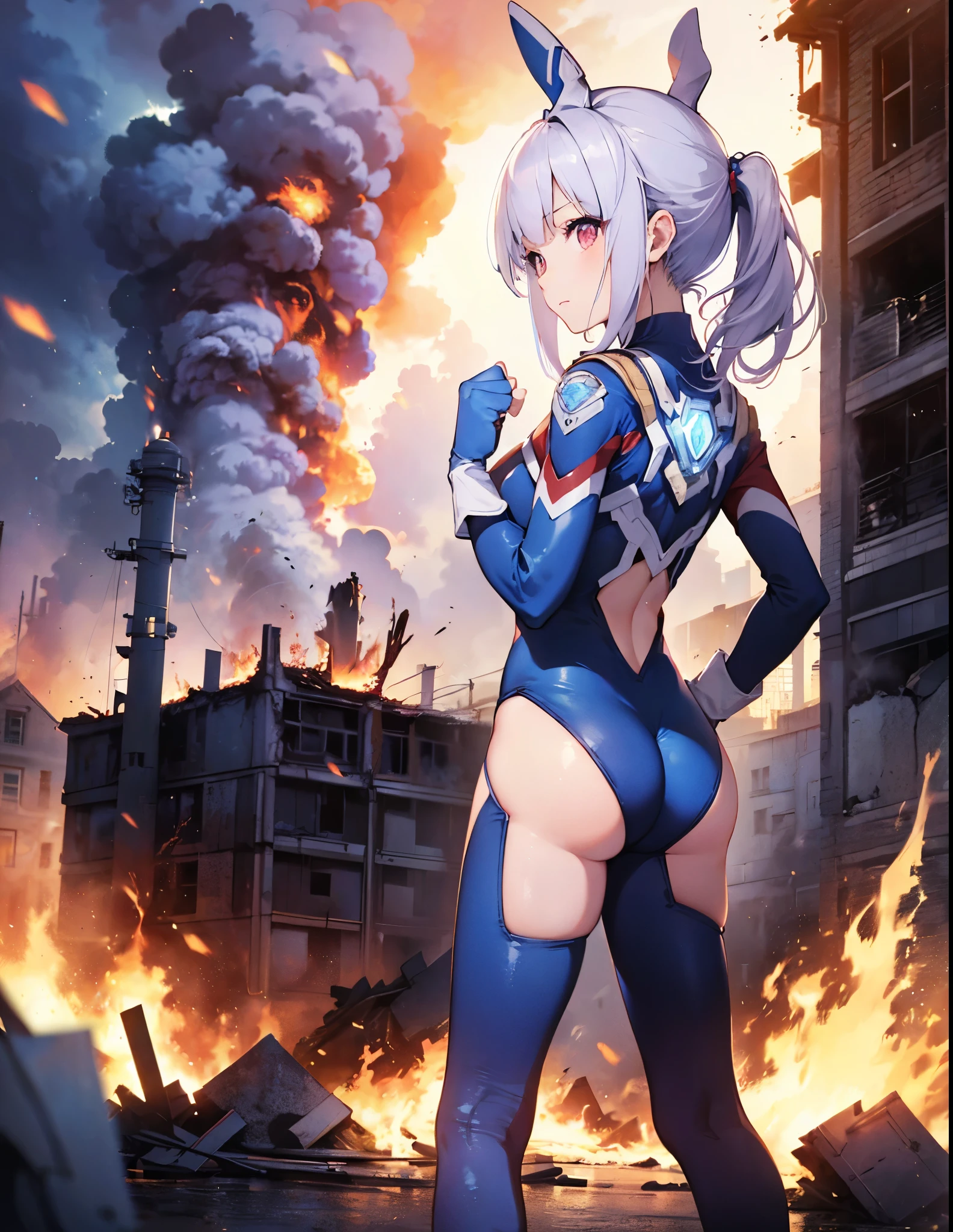 (Close-up:1.3),Realistic,highest quality, Ultra Detail, High-quality CG rendering, The most delicate and beautiful, Floating softly, High resolution, (1 giant girl), (Highest quality,4K,8K,masterpiece:1.2) ,Light purple hair,Rabbit,Bunny ears,ponytail,Red eyes,(Ultra Girl:1.0),(All blue Ultraman bodysuit:1.4),(All blue gloves:1.3),(All blue shoes:1.3), (Clenched Fist:1.2),A city engulfed in flames,(Building engulfed in flames:1.3),(Ruins engulfed in flames:1.3),(whole body:1.3),(Turn your back to your audience:1.3),Butt