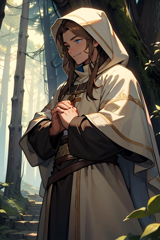 A handsome smiling cleric in medieval times with blue eyes and brown long hair and hazel brown skin wearing a hood surrounded by a forest while praying