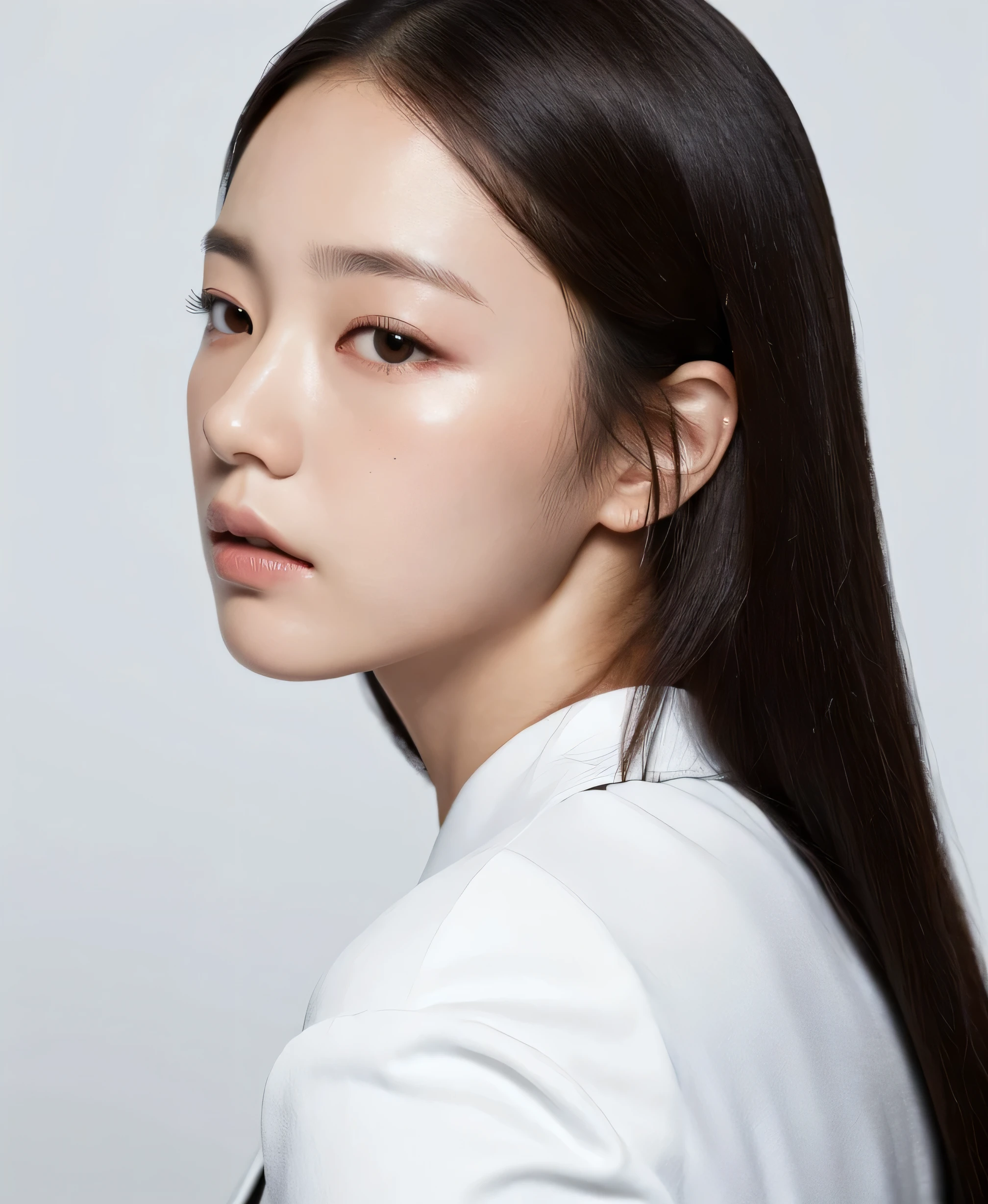Mugshot, best quality, masterpiece, ultra high resolution, white background, Photo that extends up to the shoulder, black suit, Korean woman, Profile picture, look straight ahead