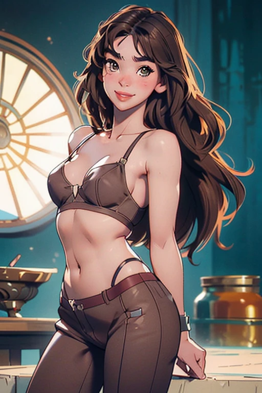 Realistic, Natural Beauty, Masterpiece, Hailee Steinfeld, Perfectly Accurate Face Proportion, Realistic Light Hazel Brown Eyes, Thick Eyebrows, Lingerie, Low-cut Top, Big Breast, Curve Wide Hips, Toned Thighs, Toned Arms, Grin On Her Face