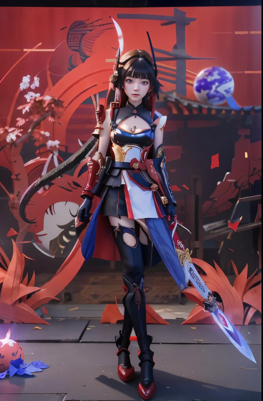 anime girl with sword and armor standing in front of a red background, onmyoji detailed art, ayaka genshin impact, onmyoji, ayaka game genshin impact, keqing from genshin impact, irelia, zhongli from genshin impact, extremely detailed artgerm, onmyoji portrait, black - haired mage, blue electro eyes