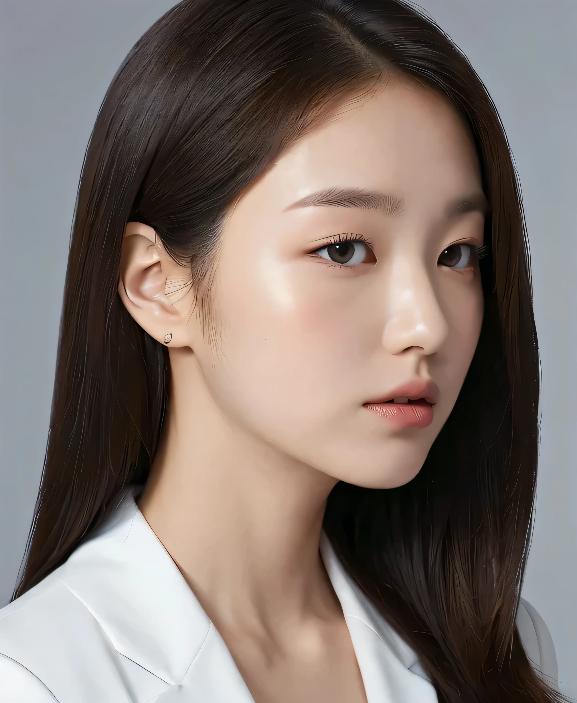 best quality, masterpiece, ultra high resolution, white background, Photo that extends up to the shoulder, black suit, Korean woman, Profile picture, look straight ahead