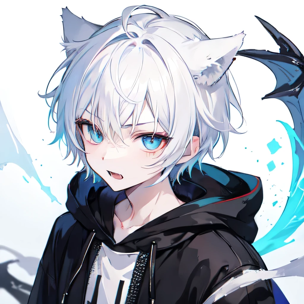 1Boy, Boyish, Catboy, Fangs Showing, Ultra-detailed Ice-colored Dragon Eyes, Eye-focus, Snow-White Hair, Head Shot, Cute Expression, Tight Hoodie, Spell Casting Two Sword, Plain Background