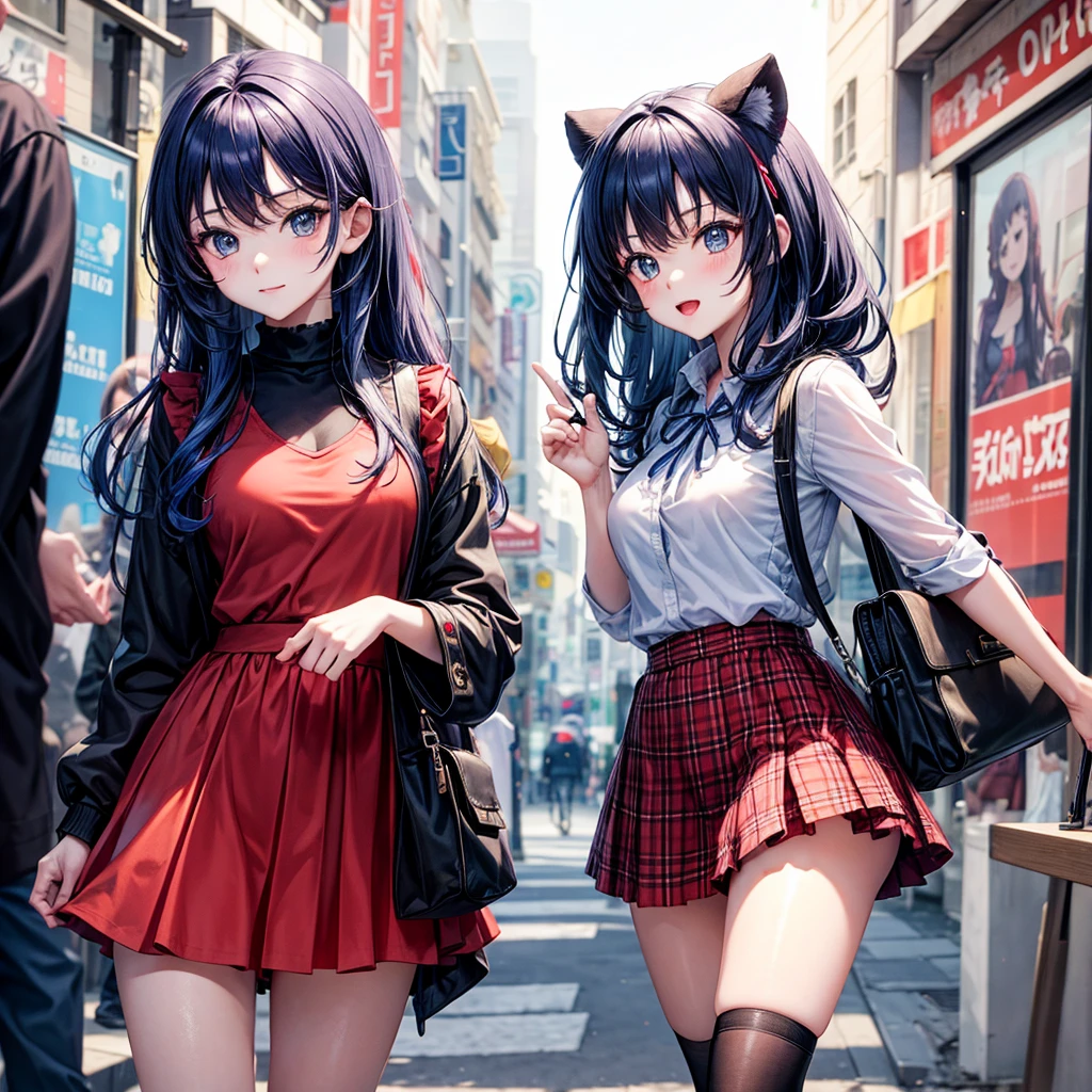 Red Blue Hair、One good looking girl、anime、Checkered mini skirt、Ruffles on the skirt