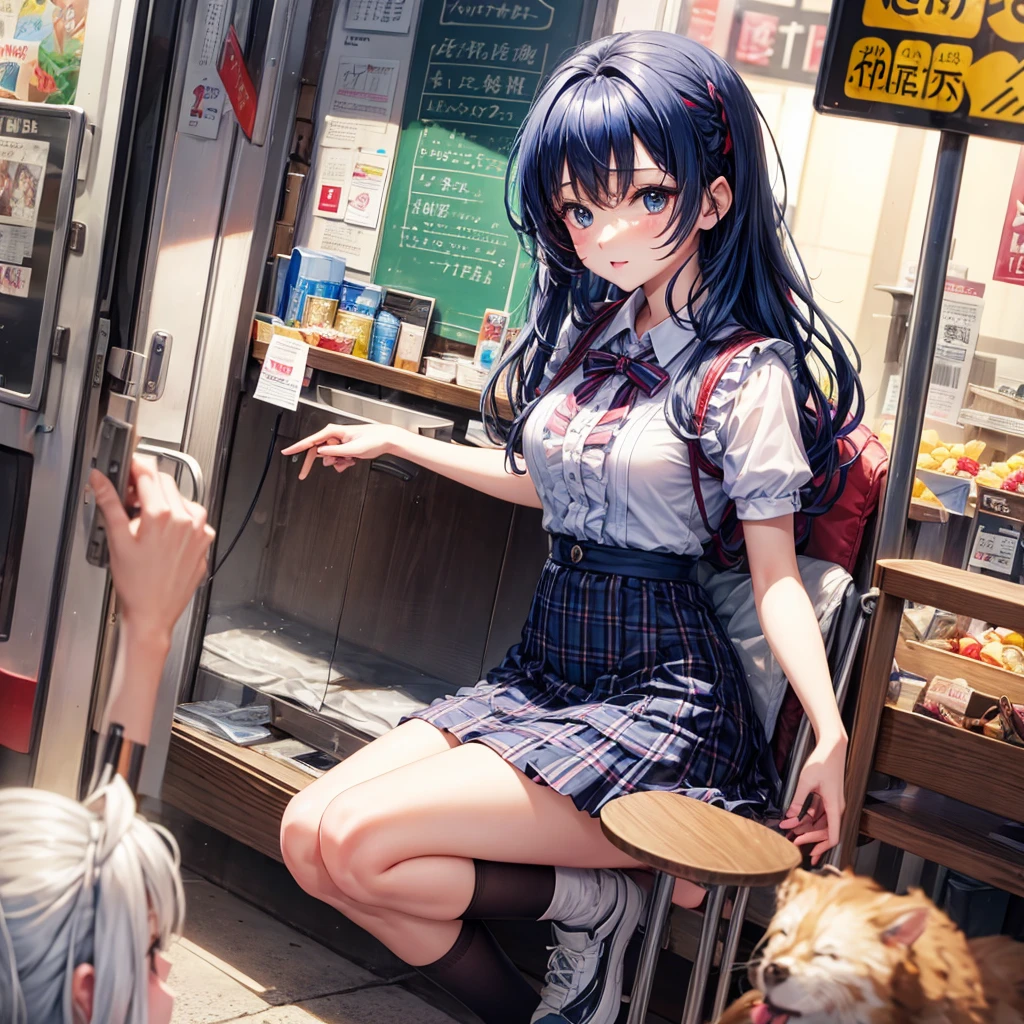 Red Blue Hair、One good looking girl、anime、Checkered mini skirt、Ruffles on the skirt