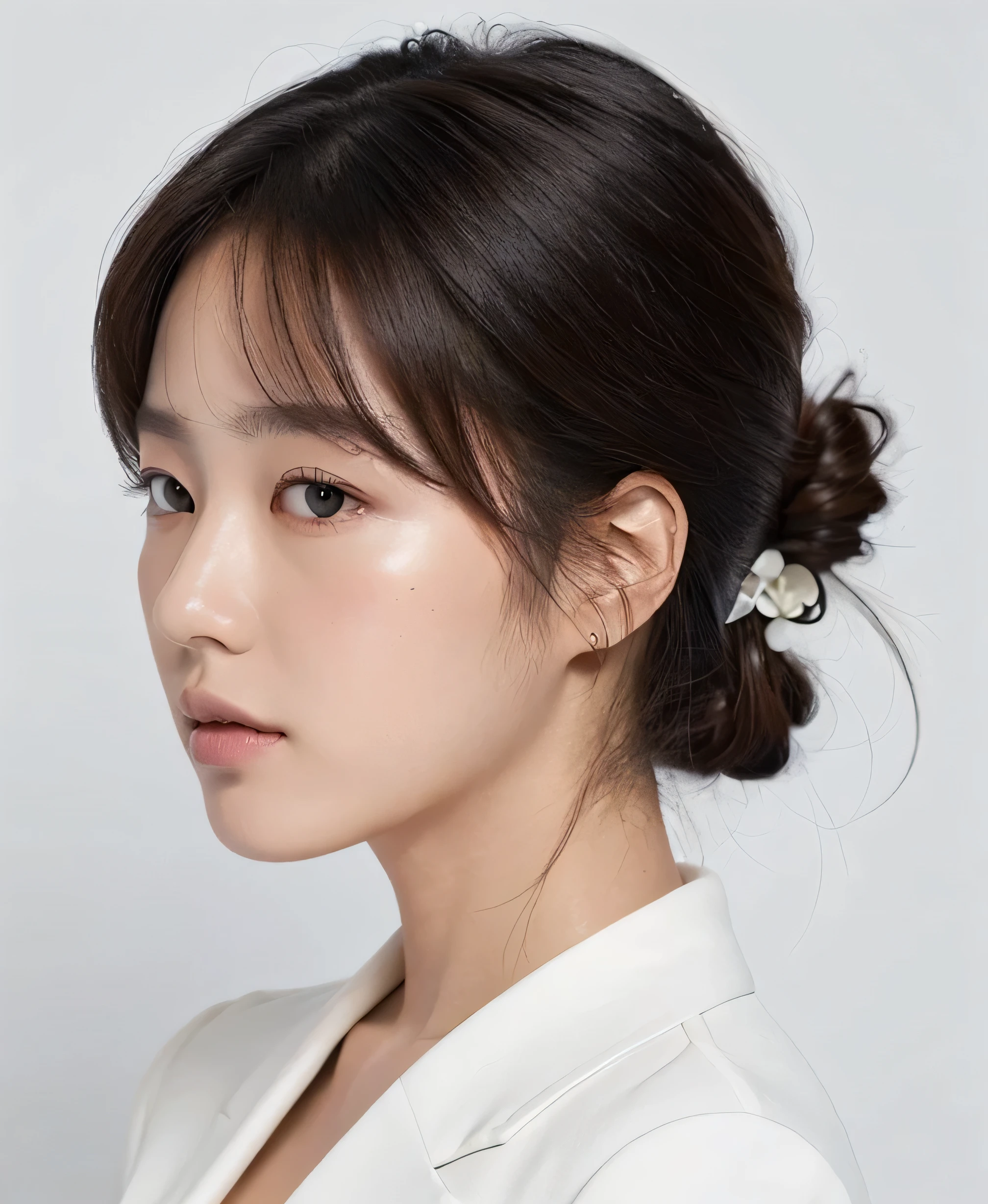Mugshot, best quality, masterpiece, ultra high resolution, white background, Photo that extends up to the shoulder, black suit, Korean woman, Profile picture, look straight ahead