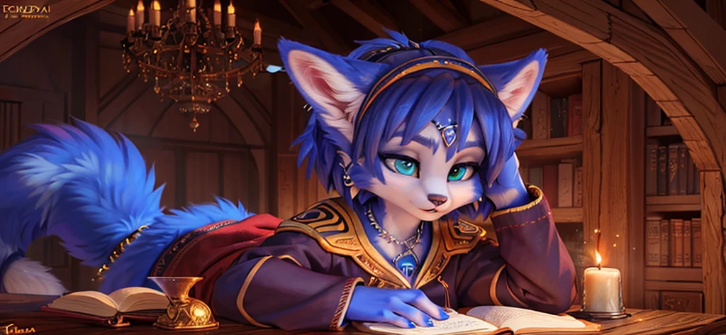 A beautiful and detailed (sweet portrait) von ((Krystal)), Sternenfuchs Krystal, Schlank, liebenswert, green eyes, medium breasts, (((Lange blaue Haare 1.3))), ((schwarze haarspitzen)), Dekollete, Grinsen, hoch schauen,, anthro, Pelzig, Hochgeladen E621, detailed flauschige fur, (von Fluff-Kevlar, Bayard Wu, Personalami, Pino Daeni), detailliertes Gesicht, (flauschige), 1 girl, Allein, Stammes-Kleidung, sweet girl, solo, wears a mages robe