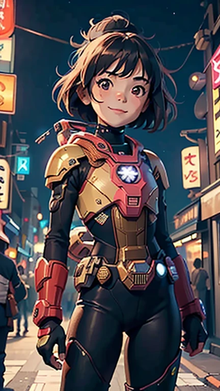 (8k),(masterpiece),(Japanese),(8--old l),((innocent look)),((Petit)),From the front,smile,cute,Innocent,Kind eyes,flat chest, Slender, Judge Dredd costume,short,Hair blowing in the wind,Brown Hair,strong wind,midnight,dark,neon light futuristic city