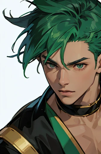 Generates anime-style images of men with pointy ears and dark skin, He has green hair and wears clothing typical of the Middle Ages.