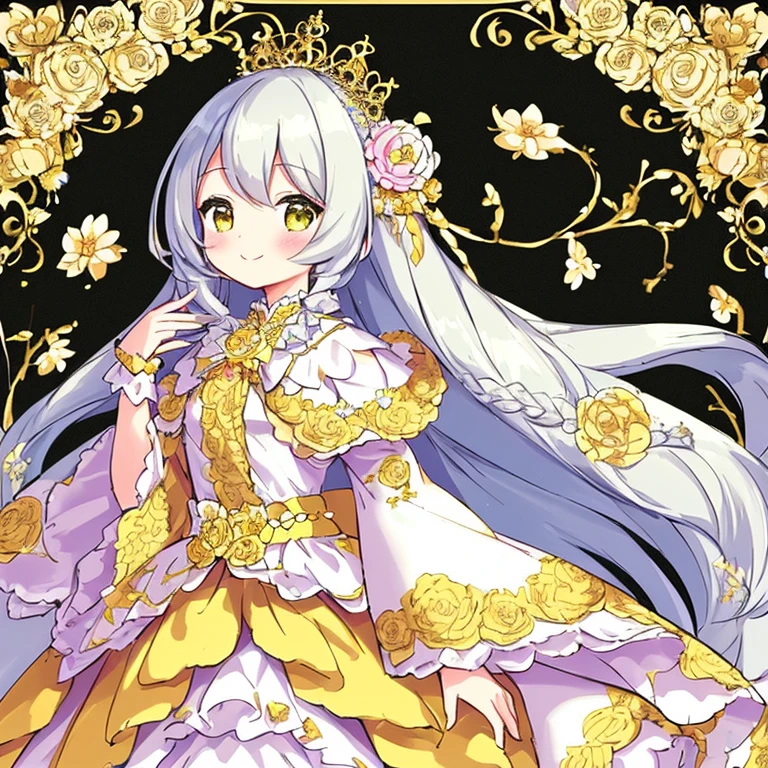 looking at viewer,(kawaii),(best quality),(ultra detailed), upper body,(rococo style),(long train pastel yellow cape:1.15), very long cape,(long train white ball gown with flower decorations:1.1), a girl is wearing a cape over her gown, 1 little princess, tiara, smile, very long hair, small breasts