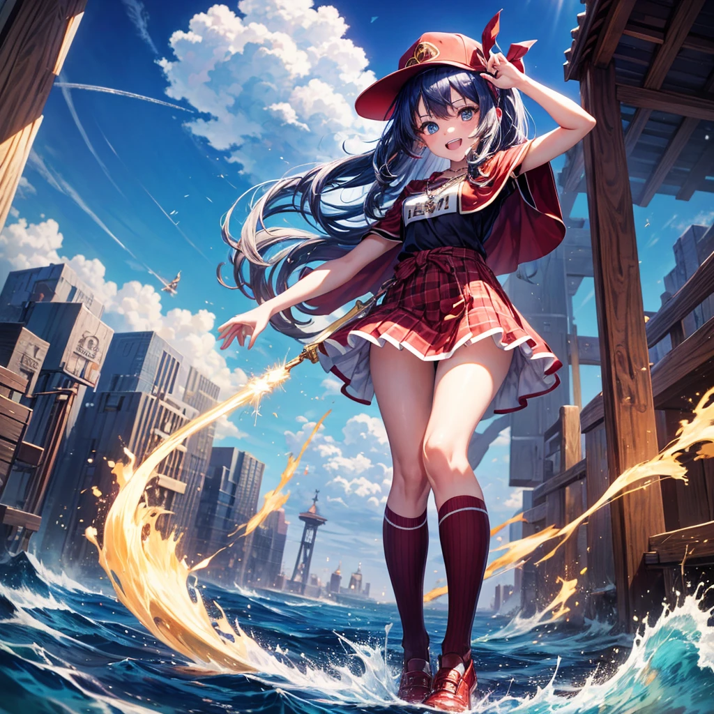 Red Blue Hair、Golden Eyes、Braid、One good looking girl、solo、anime、Checkered mini skirt、Ruffles on the skirt、Red T-shirt、Cape、Gothic、Black knee-high socks、Wearing a baseball cap、Wearing a ribbon、Ribbon on waist、Tilting face、Teeth are visible、Sunset sky、Piercing the clouds、Contrail、Cumulonimbus、Pillar of Light、Silver coin necklace、A world of light、shine、From above、bell、torii、Desert Oasis、water is gushing out、Wearing a name tag、Sparks are flying、Bowing