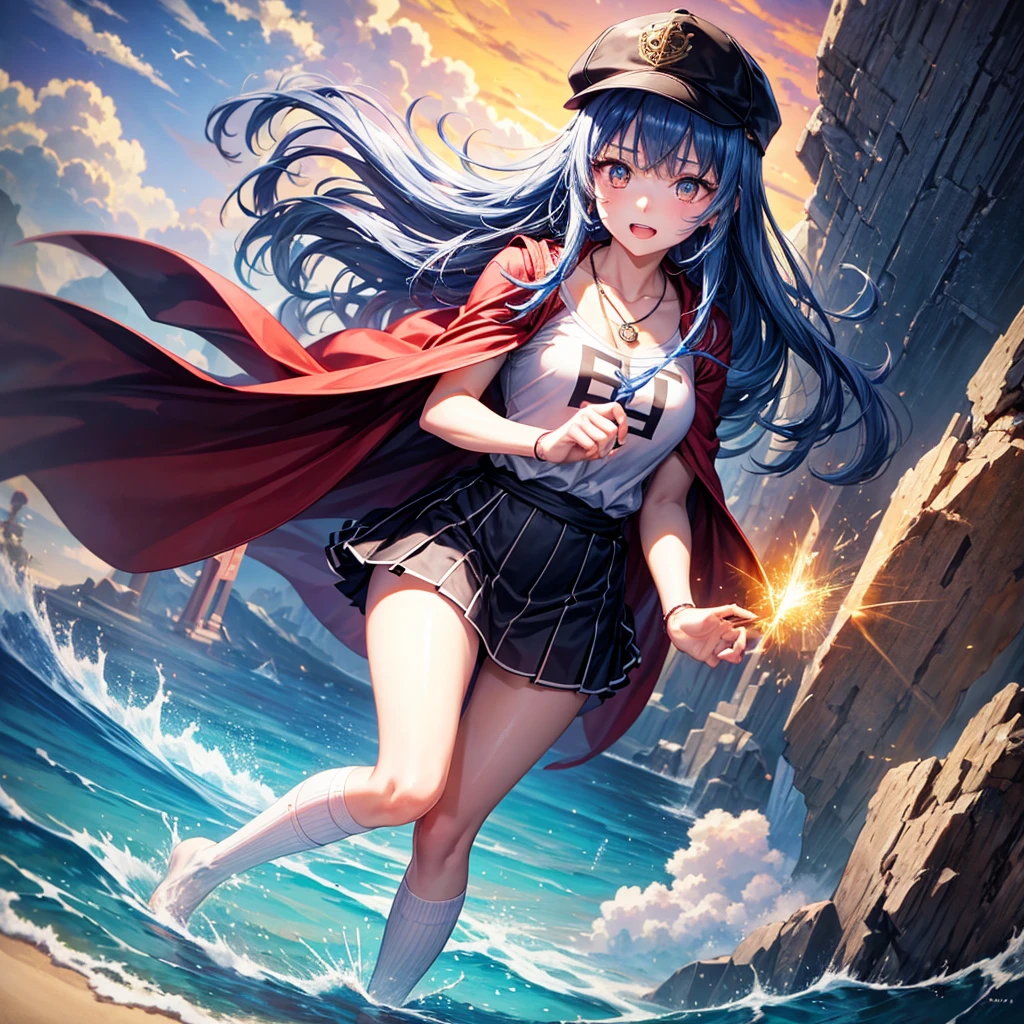 Red Blue Hair、Golden Eyes、Braid、One good looking girl、solo、anime、Checkered mini skirt、Ruffles on the skirt、Red T-shirt、Cape、Gothic、Black knee-high socks、Wearing a baseball cap、Wearing a ribbon、Ribbon on waist、Tilting face、Teeth are visible、Sunset sky、Piercing the clouds、Contrail、Cumulonimbus、Pillar of Light、Silver coin necklace、A world of light、shine、From above、bell、torii、Desert Oasis、water is gushing out、Wearing a name tag、Sparks are flying、Bowing