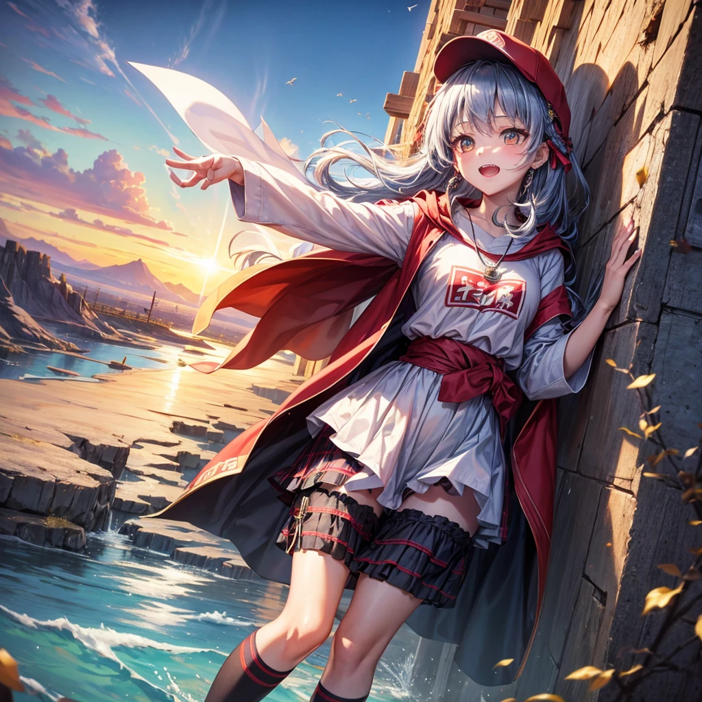Red Blue Hair、Golden Eyes、Braid、One good looking girl、solo、anime、Checkered mini skirt、Ruffles on the skirt、Red T-shirt、Cape、Gothic、Black knee-high socks、Wearing a baseball cap、Wearing a ribbon、Ribbon on waist、Tilting face、Teeth are visible、Sunset sky、Piercing the clouds、Contrail、Cumulonimbus、Pillar of Light、Silver coin necklace、A world of light、shine、From above、bell、torii、Desert Oasis、water is gushing out、Wearing a name tag、Sparks are flying、Bowing