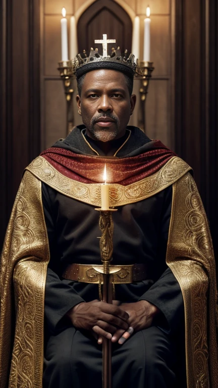 front view, looking at viewer ,Black man ,50 years old, Sit on a throne, He holds the cross of Iron ,wearing a crown, With the cloak on my back, wearing, night, candle right, UHD, accurate, anatomically correct, textured skin, super detail, high details, high quality, best quality,
