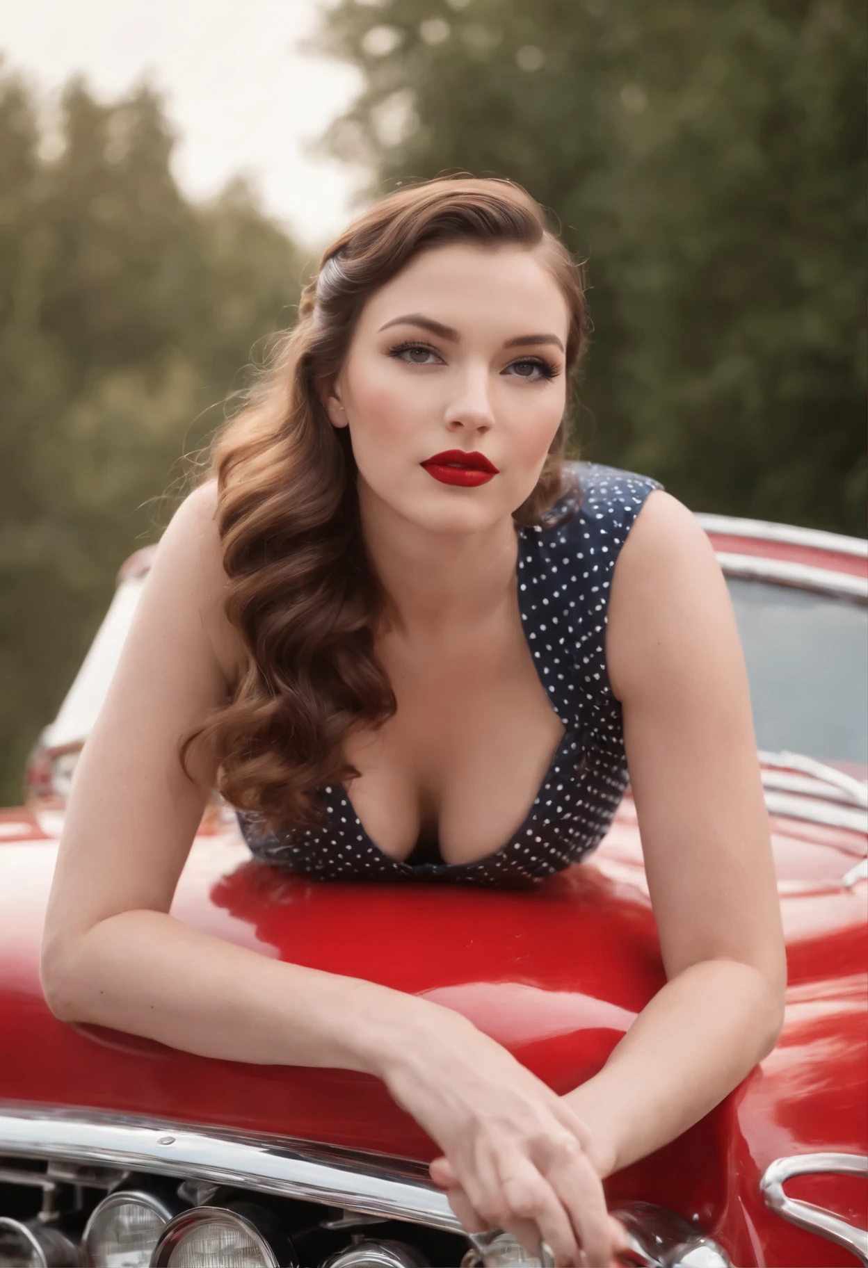 A photorealistic pin up photo of a stunning beautiful girl, sitting on the bonnet of a vintage Hudson Hornet car . from the 1950s. ((1 girl , solo)), ((1 people)) long curvy hair and be dressed in a fitted red dress ,with white polka dots on her dress, , sunglass perched on her head. The overall mood of the image should be one of glamour, fun, and adventure. Masterpiece pin up art by Girl Elvgren. Better hands