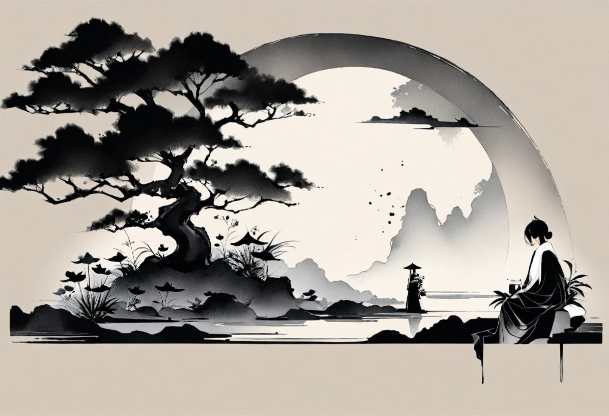 (大量留white:1.5),white, white色背景, simple, Minimalism, abstract,Freehand,Aesthetic,黑与white,Ink Painting,antiquity,Lotus,Girl drinking tea in the distance