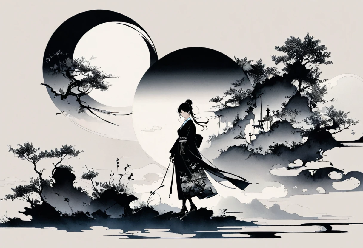 (大量留white:1.5),white, white色背景, simple, Minimalism, abstract,Freehand,Aesthetic,黑与white,Ink Painting,antiquity,Lotus,Girl drinking tea in the distance