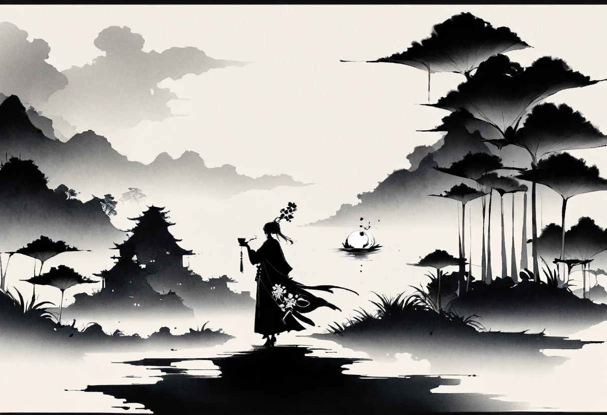(大量留white:1.5)，white, white色背景, simple, Minimalism, abstract,Freehand，Aesthetic，黑与white，Ink Painting，antiquity，Lotus，Girl drinking tea in the distance