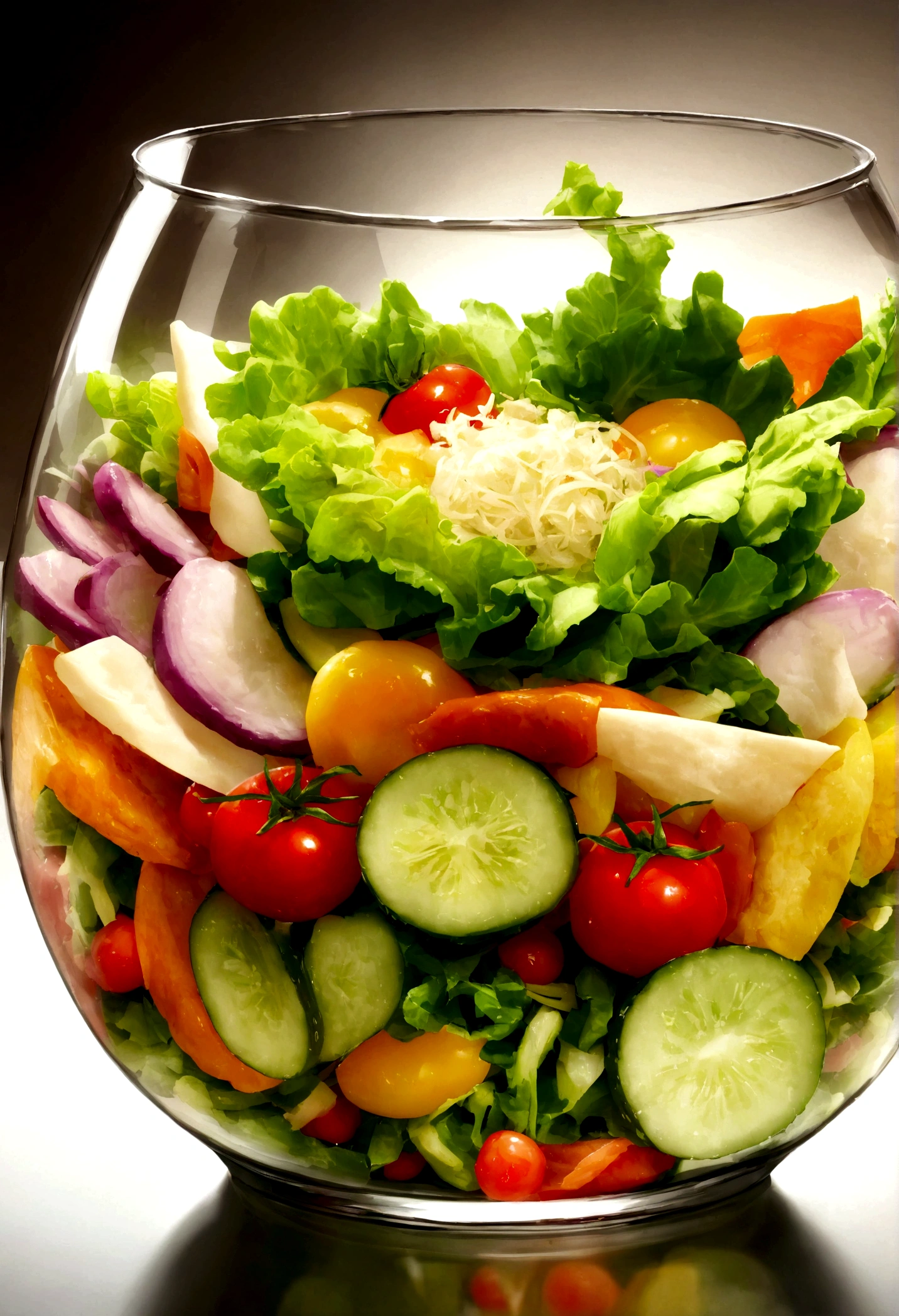 A beautifully presented single-serving salad in a small glass. The salad features a variety of fresh vegetables, including crisp lettuce, cherry tomatoes, cucumber slices, bell peppers, and shredded carrots. The vegetables are arranged in a visually appealing manner, showcasing their vibrant colors and textures. The small glass adds an elegant touch to the presentation. The overall presentation is clean and sophisticated, with no people or background elements, focusing solely on the salad.