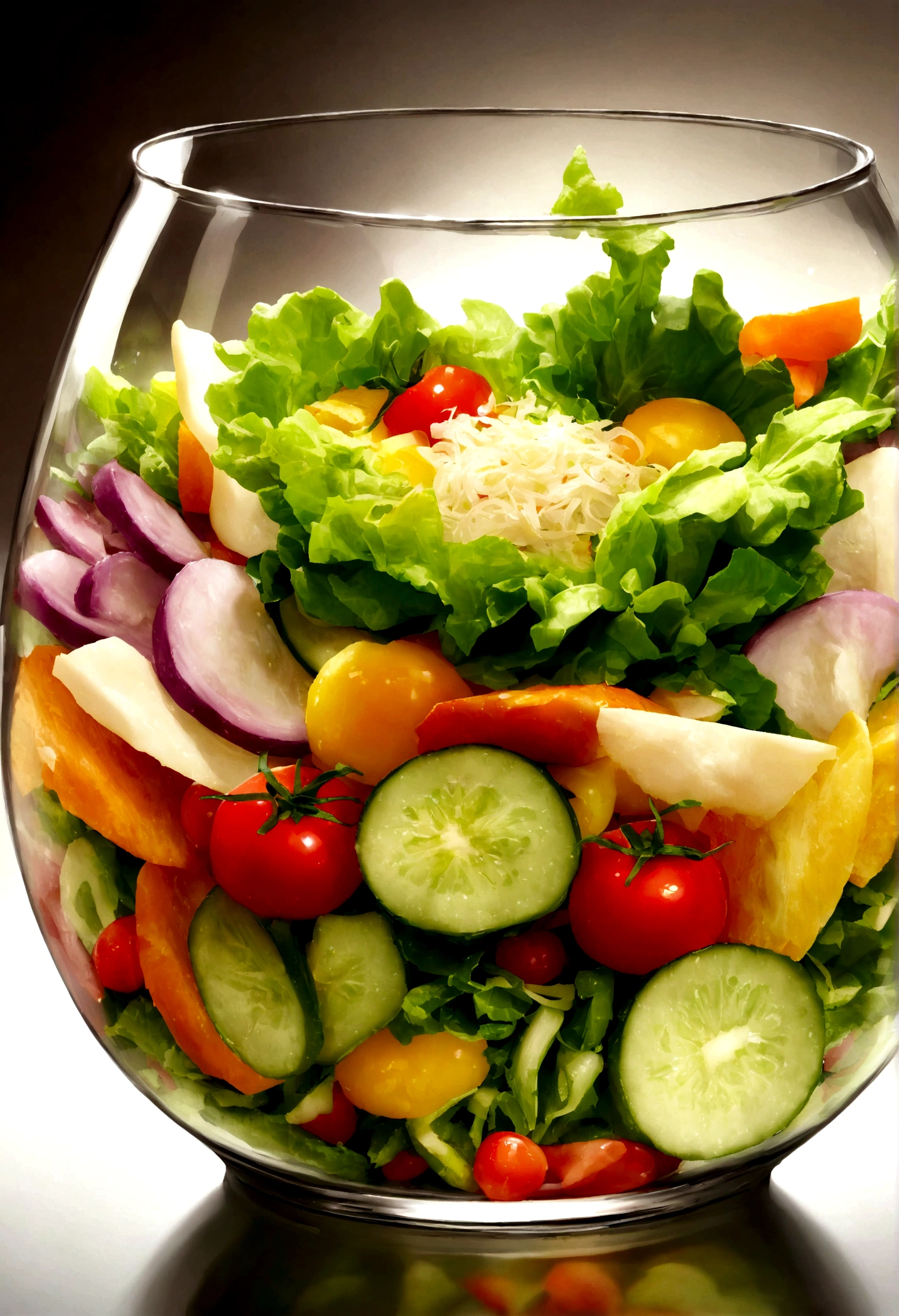 A beautifully presented single-serving salad in a small glass. The salad features a variety of fresh vegetables, including crisp lettuce, cherry tomatoes, cucumber slices, bell peppers, and shredded carrots. The vegetables are arranged in a visually appealing manner, showcasing their vibrant colors and textures. The small glass adds an elegant touch to the presentation. The overall presentation is clean and sophisticated, with no people or background elements, focusing solely on the salad.