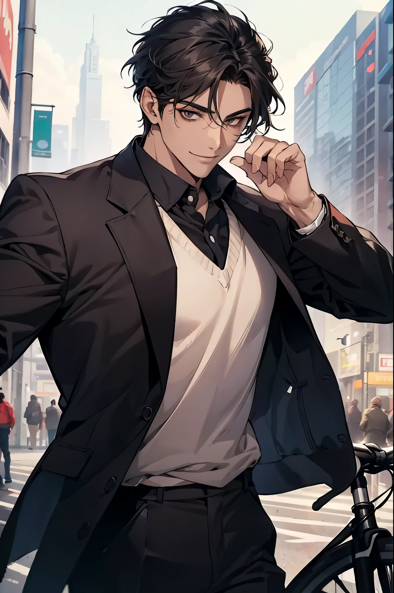 black eyes, a handsome young man with a confident smile, looking at the viewer. He is wearing casual clothes and is holding a high-end mountain bike