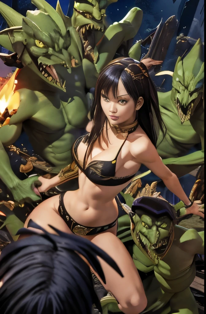 Slender black-haired woman　Several lizardmen surround a woman.　The Lizardmen violently restrained the women.　Surrounded by Lizardmen 1:5　The lizardman grabbed my arm.　Frightened by fear　Cry　黒のノースリーbraバースーツ（bra、Belly button、High leg）　Lizardmen surround me and grab my arm 1:5　Long legs　Arrested by the Lizardmen　Surrounded by Lizardmen 1:5　The background is a night city