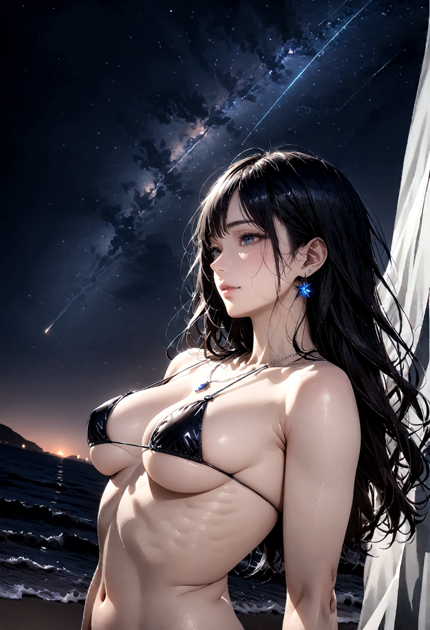 8k, masterpiece, RAW Photos, highest quality, Realistic, Very detailed, Depth of written boundary, Cinematic Light, Anatomically correct body,
One beautiful 40 year old woman, Very beautiful face, Exquisitely detailed face, (A calm and gentle face:1.4), Very delicate skin texture, Transparent muscle, Shiny white skin, Glamorous Body,
(Wavy black long hair:1.2), Sexy Breasts, Sexy ass,
(Micro Bikini:1.2), (Floral Pareo:1.3), (Detailed cloth texture:1.2), (Gorgeous necklace:1.1), (Gorgeous earrings:1.1),
(Dark starry background:1.4), (Milky Way:1.1), (milky way:1.1), (shooting star:1.1), (Dark coastline at night:1.4), (Pitch black sea surface:1.4),
(Standing on the beach:1.2),
(Low angle shot:1.5),