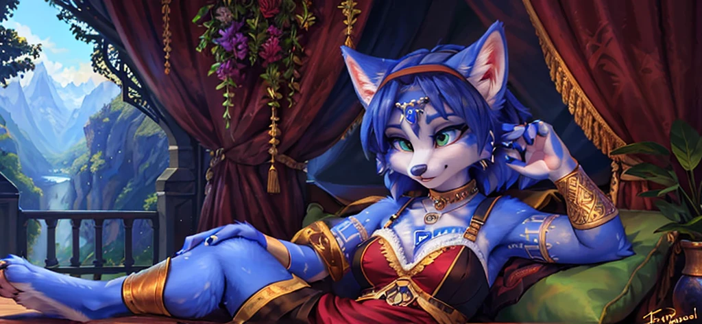A beautiful and detailed (sweet portrait) von ((Krystal)), Sternenfuchs Krystal, Schlank, liebenswert, green eyes, medium breasts, (((Lange blaue Haare 1.3))), ((schwarze haarspitzen)), Dekollete, Grinsen, hoch schauen,, anthro, Pelzig, Hochgeladen E621, detailed flauschige fur, (von Fluff-Kevlar, Bayard Wu, Personalami, Pino Daeni), detailliertes Gesicht, (flauschige), 1 girl, Allein, Stammes-Kleidung, sweet girl, solo, wears a dress