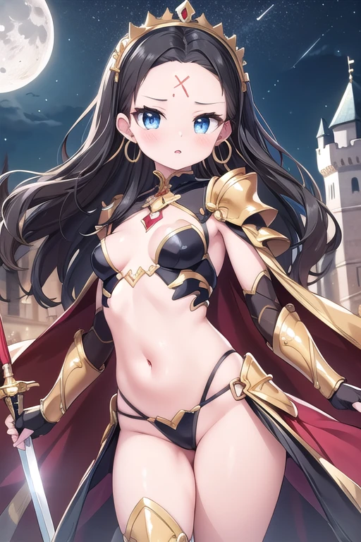 One Girl, A girl is posing for a photo, pretty girl, Enchanting girl, Beautiful Anime Girls, (((A young, short ))),
((Black Hair, Bangs that expose the forehead:1.4, Very short, wavy hair at the back:1.4), (blue eyes)), BREAK
(Skimpy black armor:1.4 + belly button:1.4 + Gauntlet:1.4 + armor shoulder pad:1.4 + Armor shin guards:1.4, Armor boots + red cape), BREAK (Blue headband with red gemstones:1.4, A large shield embedded with red gems, Big Sword),
((Gold hoop earrings)),
BREAK Sensual,((Small breasts)),
BREAK
(Beautiful Hair, Shiny Hair, Shiny Hair)),
(Double eyelids, Long eyelashes),
(Expression of fine eyes, Beautiful and delicate eyes, Sparkling eyes, Eye Reflexes),
(Beautiful Nose,Thin Nose), (Human Ear),
(Glossy Lips, Beautiful Lips, thick lips),
(Symmetrical facial features, Perfect Face), (Beautiful breasts), (Detailed skin, Oily skin, Textured skin, Glowing Beautiful Skin),
BREAK
(((Embarrassed)),
BREAK
((Fantasy World:1.4, night + I can see the stars and the moon + Castle Garden:1.4, Facing the viewer:1.4)), ((Angle from the front, Cowboy Shot:1.4)),
BREAK
((Ultra-high resolution)), (((masterpiece))), (((highest quality))), ((8k)), (Attention to detail), (Beautiful sparkle), (High detail), (Anatomically correct)),
((Realistic)), ((The best CG)), Highly detailed art, CG illustration, ((Line art)),
