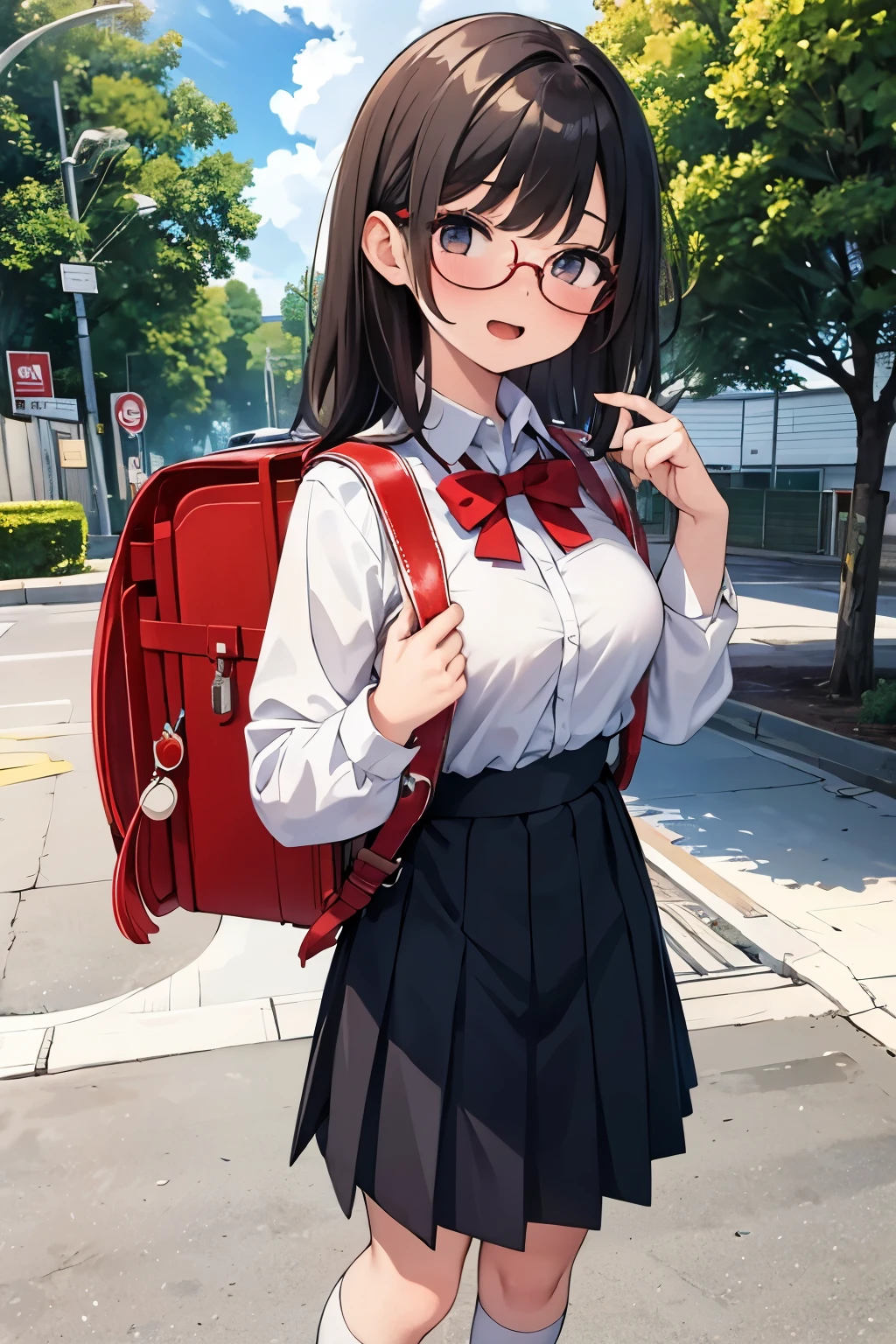 Masterpiece, hd, outdoor, 1girl, high school girl, medium hair, dark hair, medium breasts, school_uniform, wearing glasses, smile, opened mouth, white collared shirt, red bowtie, red pleated skirt, wearing red backpack, white socks, black shoes, standing, fullbody
