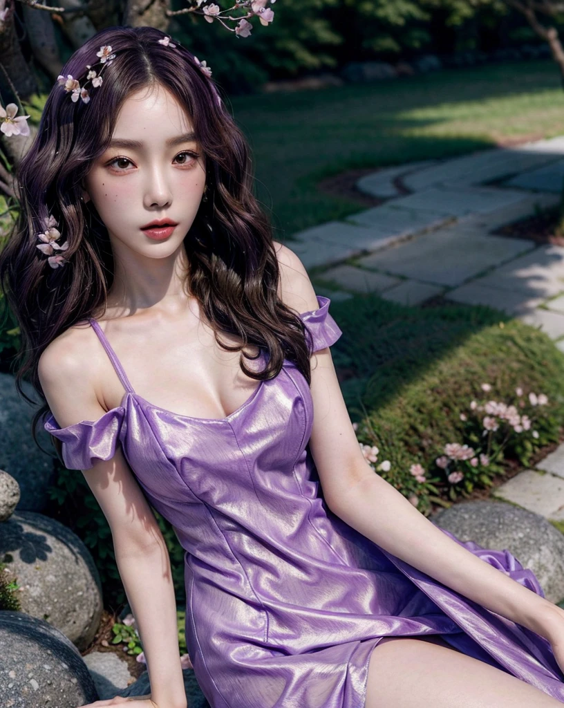 absurdres, RAW photo, extremely delicate and beautiful, masterpiece, Best Quality, ultra high resolution, 32k, hyperrealistic, ultra-detailed, perfect anatomy, perfect figure, Perfect skin, super Detailed skin, muted coral blush, Closed mouth, 20 years old, very Slim body, narrow waist, very small head, very small face, delicate facial features, tearful mole, earring, thin legs, bare legs, (((very huge round breasts))), short medium hair, brown braid hair, ((wavy hair)), (1girl:1.6), (Anatomically correct), (Plump nipples), day light, ((cherry blossom garden)), ((hot purple dress:1.3)), ((tightly short dress)), ((laced dress)),