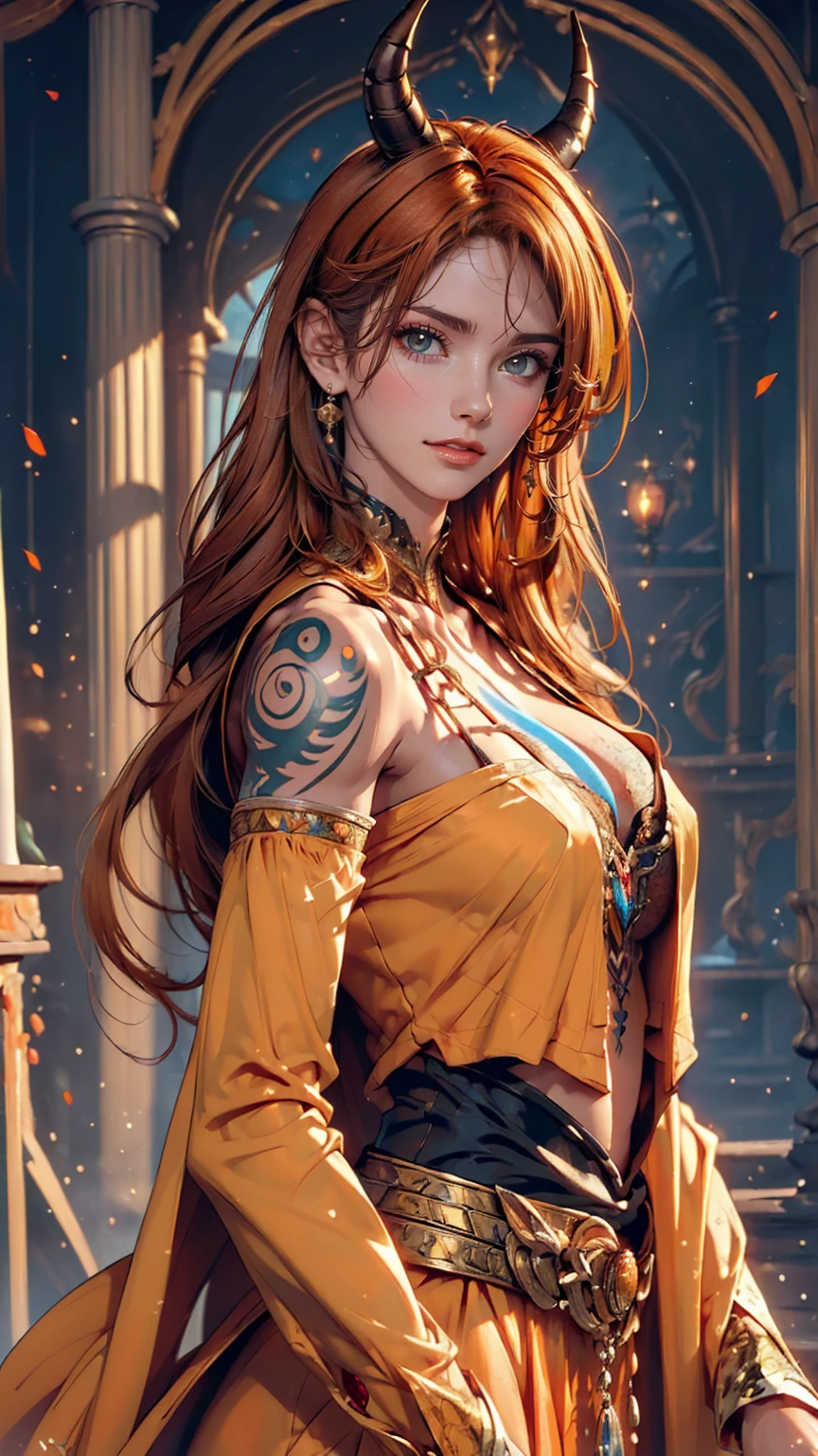 (((masterpiece))), (((highest quality: 1.4))), ((Super detailed: 1.4)) , An extremely detailed gouache painting of a tiefling woman, Gorgeous exotic features, Amber neon eyes:1.5, Orange Hair, Highly detailed facial features, Expressive Face, Detailed Texture, Blue skin tone, Tattoo, Natural Skin Shader, Volumetric, Warm shades beneath her skin, Ultra-high resolution
