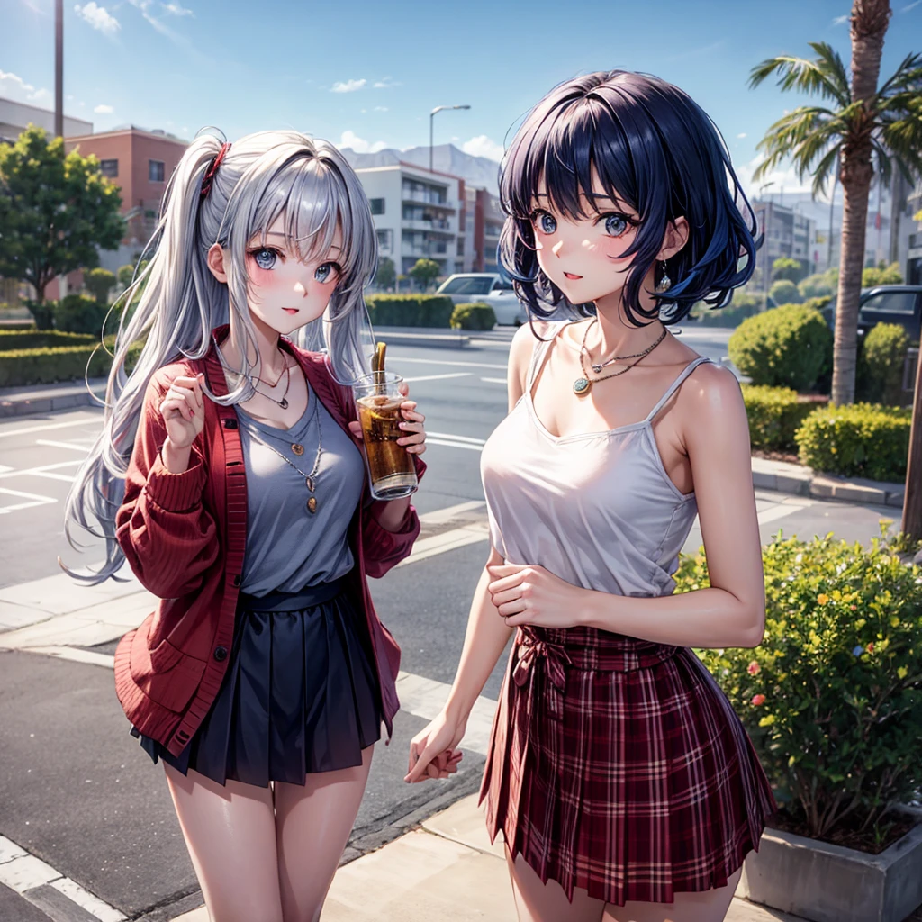 Red Blue Hair、One good looking girl、anime、Checkered mini skirt、Ruffles on the skirt、camisole、cardigan、Silver coin necklace、Desert Oasis