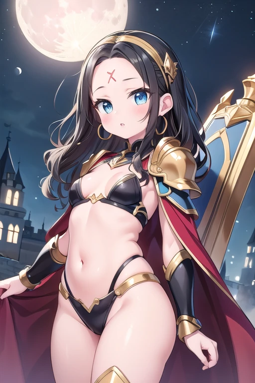 One Girl, A girl is posing for a photo, pretty girl, Enchanting girl, Beautiful Anime Girls, (((A young, short 5--old l))), 

((Black Hair, Bangs that expose the forehead:1.4, Very short, wavy hair at the back:1.4), (blue eyes)), BREAK 
(Skimpy black armor:1.4 + belly button:1.4 + Gauntlet:1.4 + armor shoulder pad:1.4 + Armor shin guards:1.4, Armor boots + red cape), BREAK (Blue headband with red gemstones:1.4, A large shield embedded with red gems, Big Sword), 
((Gold hoop earrings)), 
BREAK Sensual,((Small breasts)),
BREAK 

(Beautiful Hair, Shiny Hair, Shiny Hair)), 
(Double eyelids, Long eyelashes), 
(Expression of fine eyes, Beautiful and delicate eyes, Sparkling eyes, Eye Reflexes), 
(Beautiful Nose,Thin Nose), (Human Ear), 
(Glossy Lips, Beautiful Lips, thick lips), 
(Symmetrical facial features, Perfect Face), (Beautiful breasts), (Detailed skin, Oily skin, Textured skin, Glowing Beautiful Skin), 
BREAK 

(((Embarrassed)), 
BREAK 
((Fantasy World:1.4, night + I can see the stars and the moon + Castle Garden:1.4, Facing the viewer:1.4)), ((Angle from the front, Cowboy Shot:1.4)), 
BREAK 

((Ultra-high resolution)), (((masterpiece))), (((highest quality))), ((8k)), (Attention to detail), (Beautiful sparkle), (High detail), (Anatomically correct)), 
((Realistic)), ((The best CG)), Highly detailed art, CG illustration, ((Line art)), 
