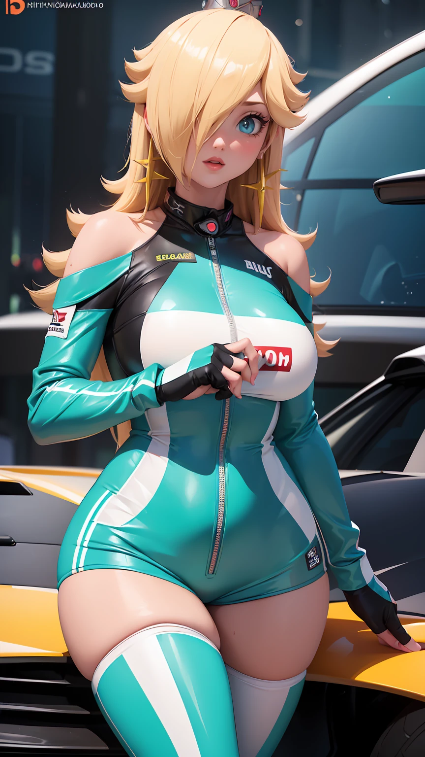 (best quality). (Ultra Detalhado). (1girl), Olhando para o Viewer. (Antecedentes detalhados). belos olhos detalhados. rosto delicado e bonito. (high saturation), seios grandes, droopy breasts, (((sexy racing outfit))), big breasts, in a circuit, off shoulders, very pressed  