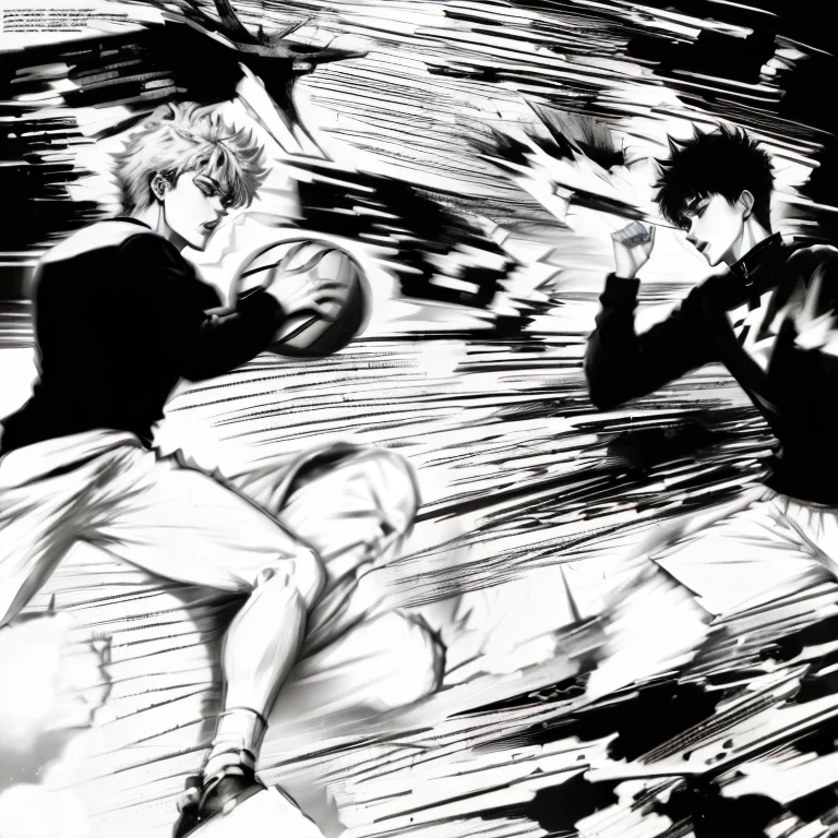 A painting,The painting shows a man playing basketball with another man, Black and white comic panels, inspired by comics, Kentaro Miura manga style, Eye-catching comic book art style, mob psycho 100, Kentaro Miura manga art style, black and white comic style, Anime battles, Pages of Initial D comics, Cai Xukuntu,Cai Xukun emoji