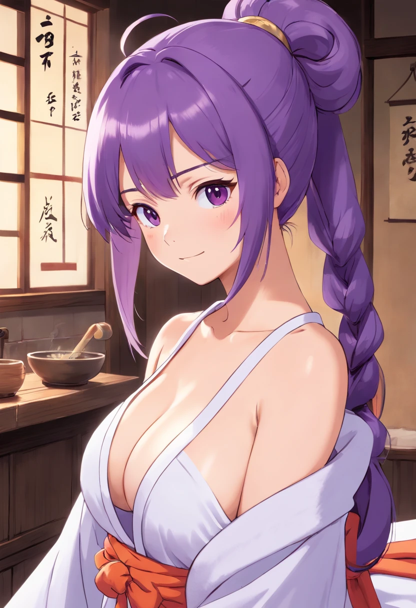 ponytail Edo Period Bathrobes cute Big Breasts Friendly Purple hair, naked, no clothes