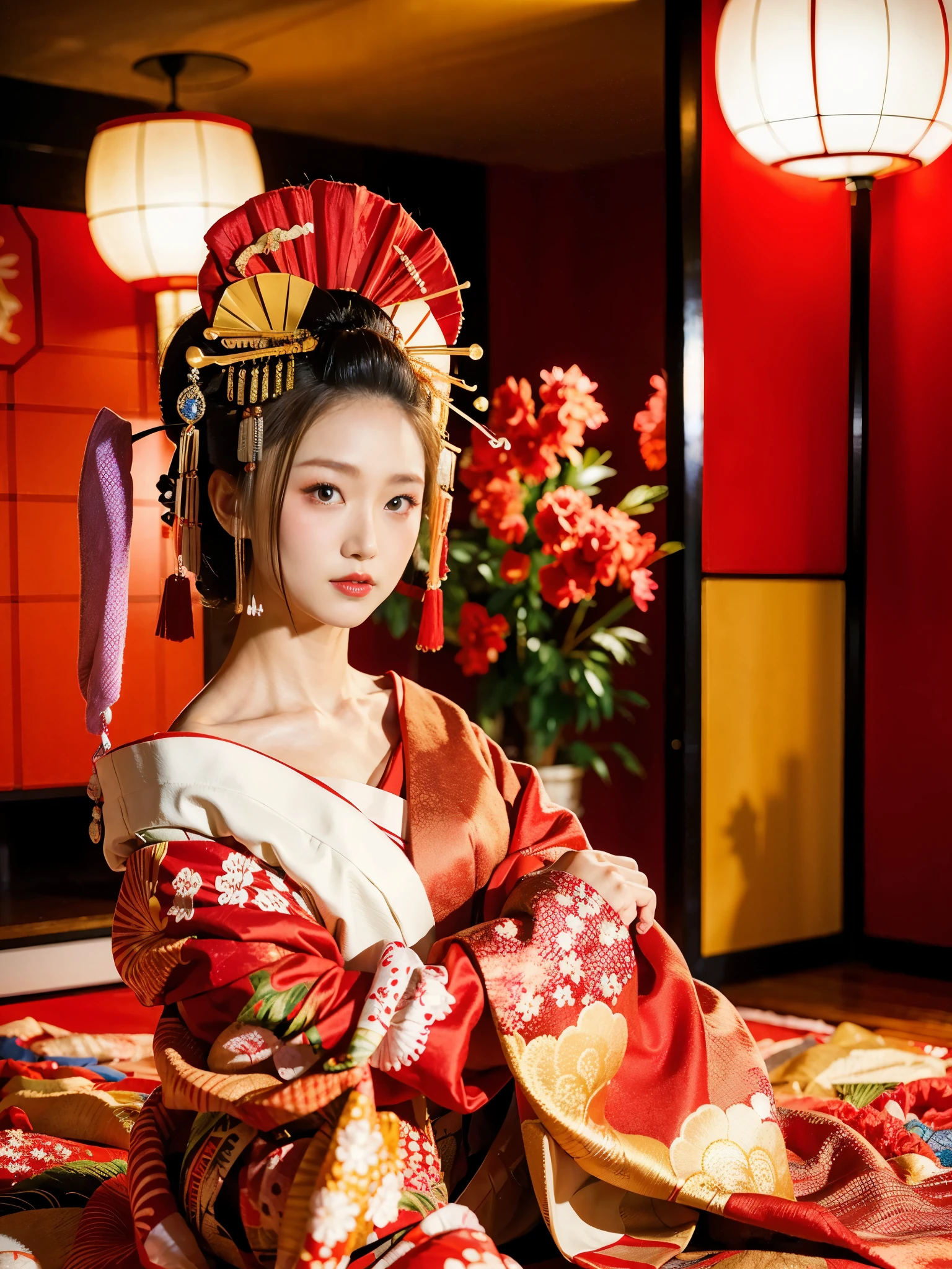 A Japanese woman in a red and white kimono sitting on a chair, Japanese Goddess, Gorgeous Japanese Model, in kimono, Beautiful Japanese Girls, red kimono, Elegant Japan Woman, Japanese, Seductive geisha, in kimono, Japanese Models, Glamorous and sexy geisha, Red floral kimono, Beautiful oriental woman, Big Breasts