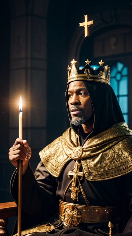 front view, looking at viewer ,Black man ,50 years old, Sit on a throne chair, He hold right arm candle rod , left arm Bible book ,wearing a crown, With the cloak on my back, wearing, gold finger ring, night, candle right, kingdom room, UHD, accurate, anatomically correct, textured skin, super detail, high details, high quality, best quality,