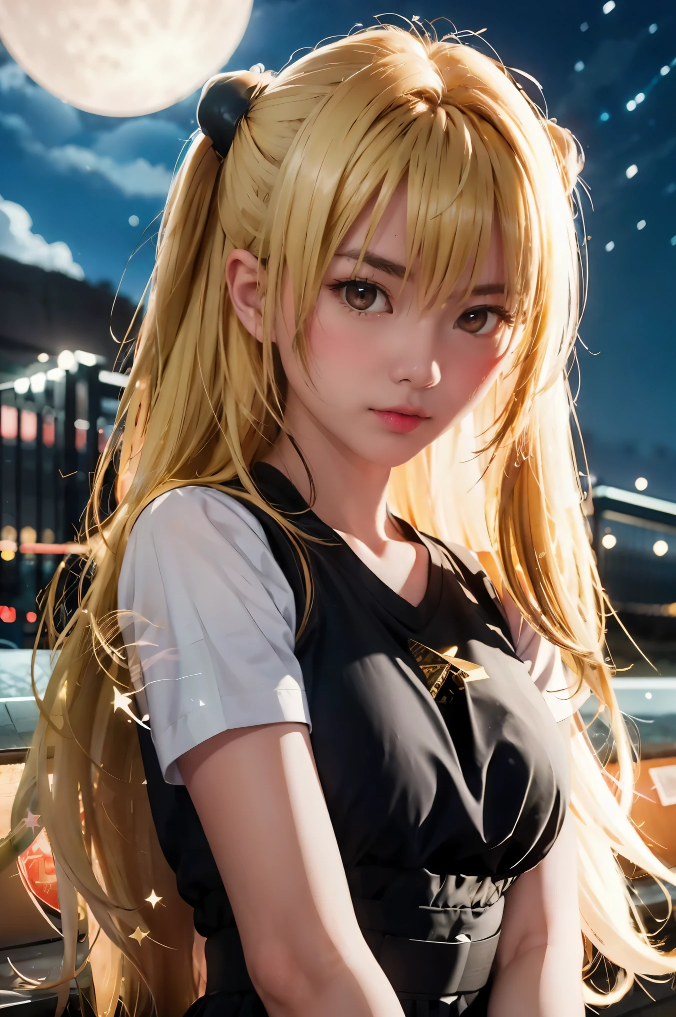 yami , star night, stars , night , outside, moon, full moon, blonde_hair, red eyes