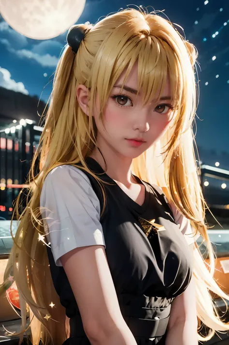 yami , star night, stars , night , outside, moon, full moon, blonde_hair, red eyes