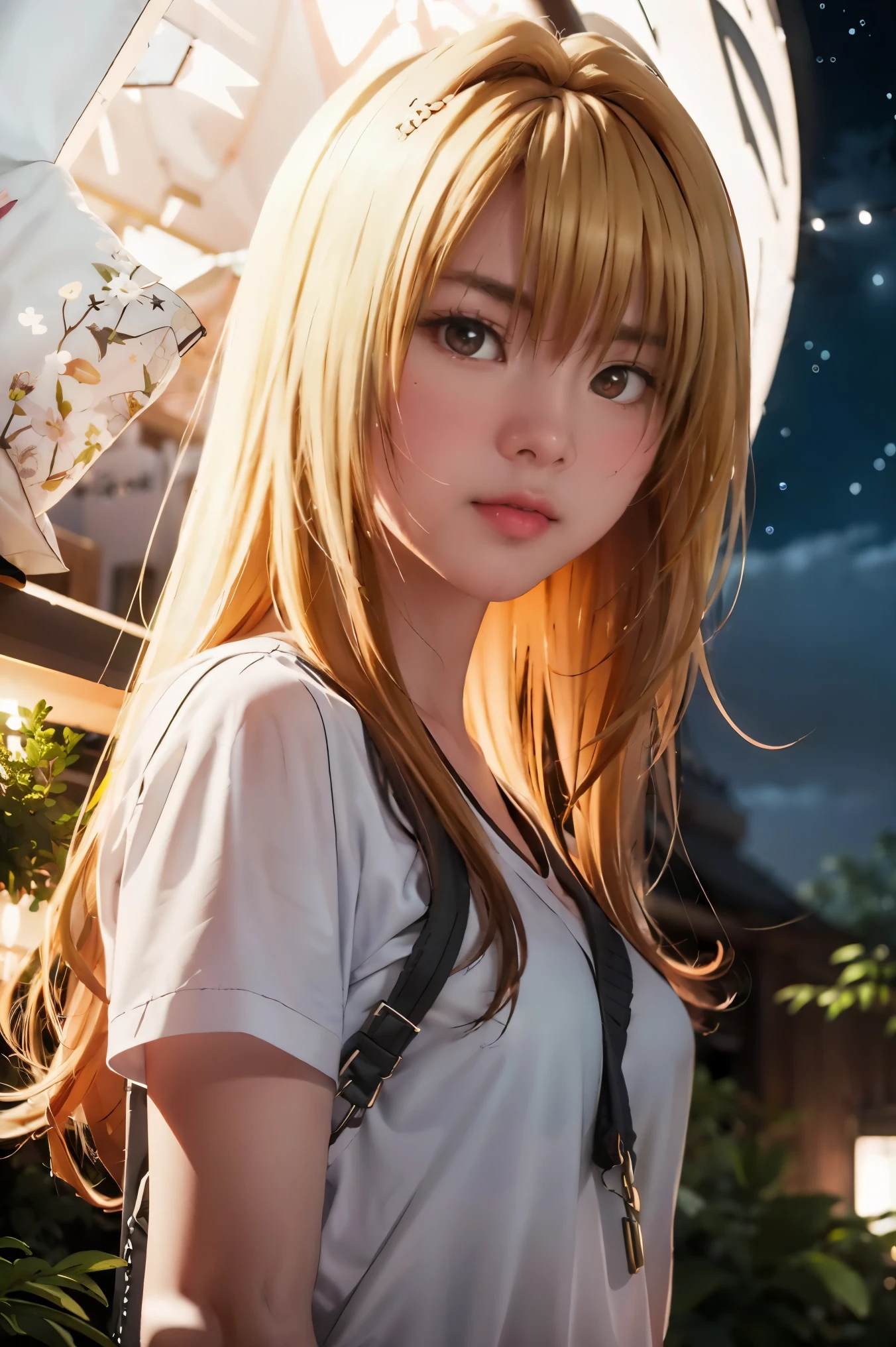 yami , star night, stars , night , outside, moon, full moon, blonde_hair, red eyes