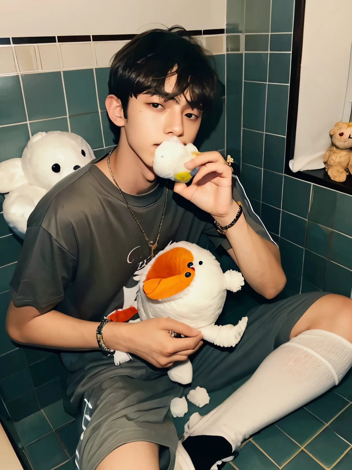arafed man sitting on a bed with a stuffed animal, low quality footage, bladee from drain gang, 1 7 - year - old boy thin face, grainy footage, tommy 1 6 years old, instagram story, thawan duchanee, low quality video, taehyung eating gucci fries, giga chad crying, ruan cute vtuber