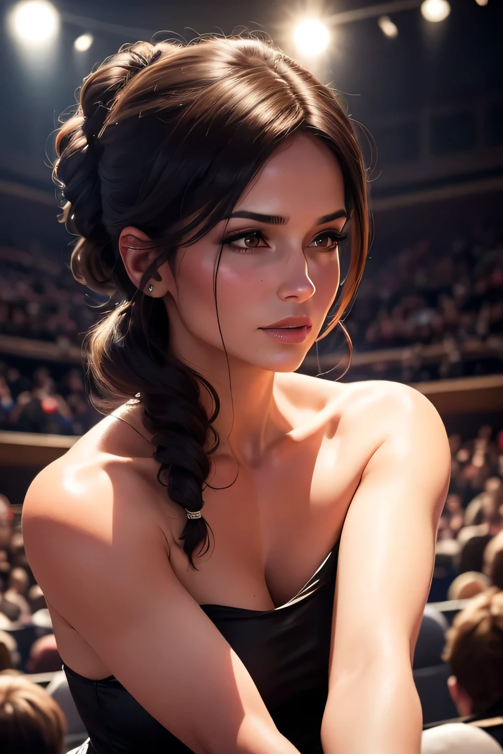 Create a picture of Lara Croft sitting in a seat at a classical music concert at the Royal Albert Hall in London. The grand and iconic architecture of the concert hall should be prominently featured, with its ornate details, high ceilings, and majestic stage. Lara is seated in the audience, hair up, dressed elegantly in a stylish strapless black dress suitable for such an event. Surrounding her are other well-dressed concertgoers, and the hall is filled with people, with warm, ambient lighting. The overall atmosphere should convey sophistication, culture, and the grandeur of the Royal Albert Hall. DLSR, sharp focus, soft lighting, masterpiece, perfect face, ultra detailed face, perfect brown eyes, beautiful face, photorealistic, 8k, masterpiece