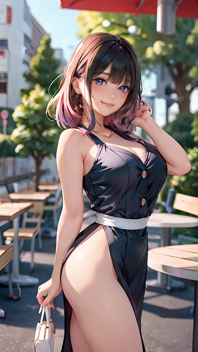 ((((highest quality)))), (((Ultra-precision CG 16K))), (((masterpiece))), (((Very detailed))), (((Extremely detailed))), (((Black outline:1.3, Written boundary depth:1.3 , Written soft outline))), Blur, Bokeh, Maximum clarity and sharpness,Multilayer Texture, Surface Shading, Cinematic lighting, Beautiful details sparkle ,Perfect Proportions, Limited to three woman, BREAK accurate, Anatomically correct, Highly detailed face and skin texture, drawn in detail, Highly detailed facial and skin texture, Detailed eyes, beautiful hair, Beautiful Japanese Idol face, Beautiful and beautiful eyes, Beautiful body, Beautiful breasts, Beautiful thighs, Beautiful legs, Beautiful fingers, (Beautiful views) , skinny body, ((Beautiful Skin)), ((Skin Texture)) BREAK breast enlarged, large Breasts, perky breast, slender waist, (blush, smiling:1.3, brown eyes, pink cheek, Double eyelids, Thin eyebrows, narrow eyes:1.3, Natural cheeks, Glossy skin, Fair skin:1.2, (Glossy lips:1.4, shiny lips: 1.4 ), high school student, Attractive adult woman ) , Hair Intake, Inner hair color, [(gradient hair:1.4):0.4], BREAK ((tube-top-dress with side slits:1.3), impossible cloth:1.3, wearing outerwear outfits to button up) , nail art, necklace, Bridal Ring, wearing a watch BREAK (Stretching-upwards:1.3, stick breast out),( a girl relaxing in a cafe:1.3, book and coffee cup on table, sunny outdoors,:1.3 , from side, from below, looking at friends , bust up, cowboy shot), Hydrangea