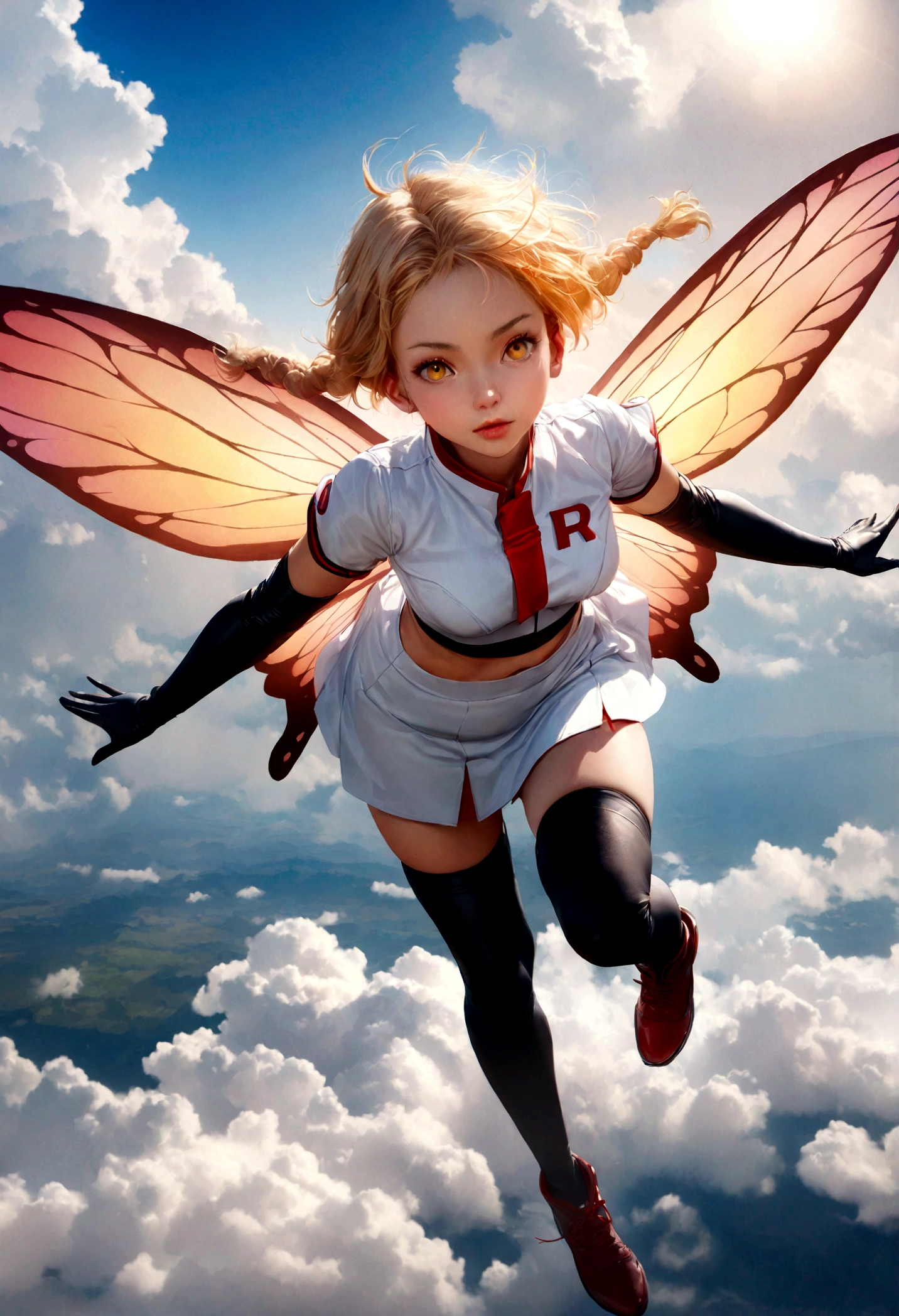 photorealistic, (4k), depth of field, (Masterpiece), (realistic skin texture), extremely detailed, intricate, hyper detailed, professional photography, high resolution, sharp detail, best quality, fairy, (fairy wings:1.2), blonde hair, twin braids, yellow eyes, (flying:1.5), above clouds, in sky, blue sky, (clouds:1.3), between clouds, landscape far away,team rocket,team rocket uniform,white skirt,red letter R,crop top,black thigh-highs,black elbow gloves
