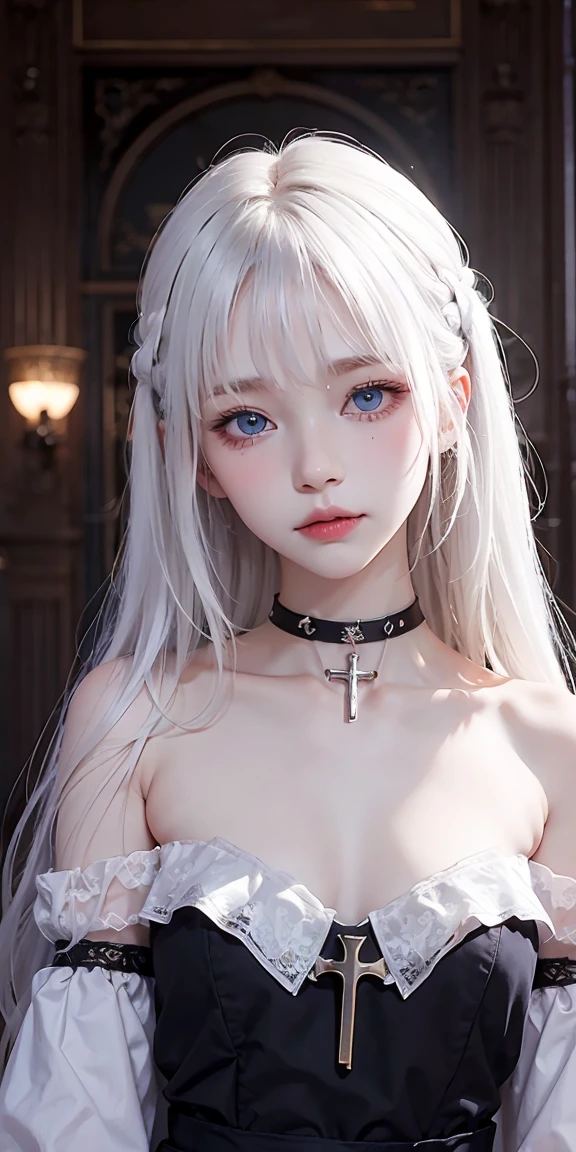 1girl, solo, long hair, looking at viewer, blush, bangs, blue eyes, shirt, hair ornament, long sleeves, hair between eyes, bare shoulders, purple eyes, collarbone, white shirt, upper body, white hair, parted lips, choker, indoors, off shoulder, head tilt, sleeves past wrists, heterochromia, black choker, cross, sleeves past fingers, ghost, silk, spider web, cross hair ornament, latin cross