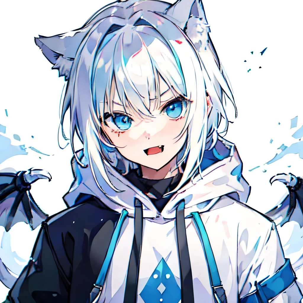 1Boy, Boyish, Catboy, Fangs Showing, Ultra-detailed Ice-colored Dragon Eyes, Eye-focus, Snow-White Hair, Head Shot, Cute Expression, Tight Hoodie, Plain Background