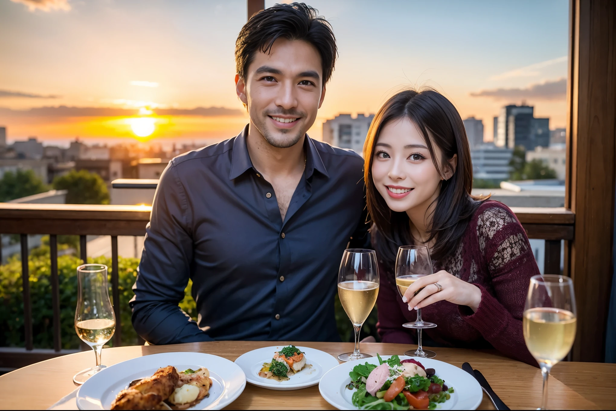((highest quality、8k、masterpiece:1.3))、1 male、1 female、A lover who resembles Satomi Ishihara、Beautiful couple、smile、full-course dinner、 (Slim face), (the body is スリム), (Brown Hair), (short hair), テーブルの上のwine glass、Please shine a light on my face、 Amazing view of the sunset sky and clouds、 (Age 37), 39 years old, red wine 、Appetizers、Italian food、Wine bottle、Champagne、sparkling wine、Long sleeve shirt、dress、White wine, red wine, wine glass, 